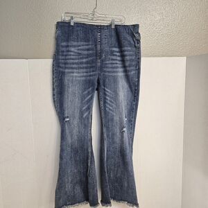 Risen Womens Jeans High Rise Pull On Distressed Flare Raw Hem Sz 2XL Casual V535